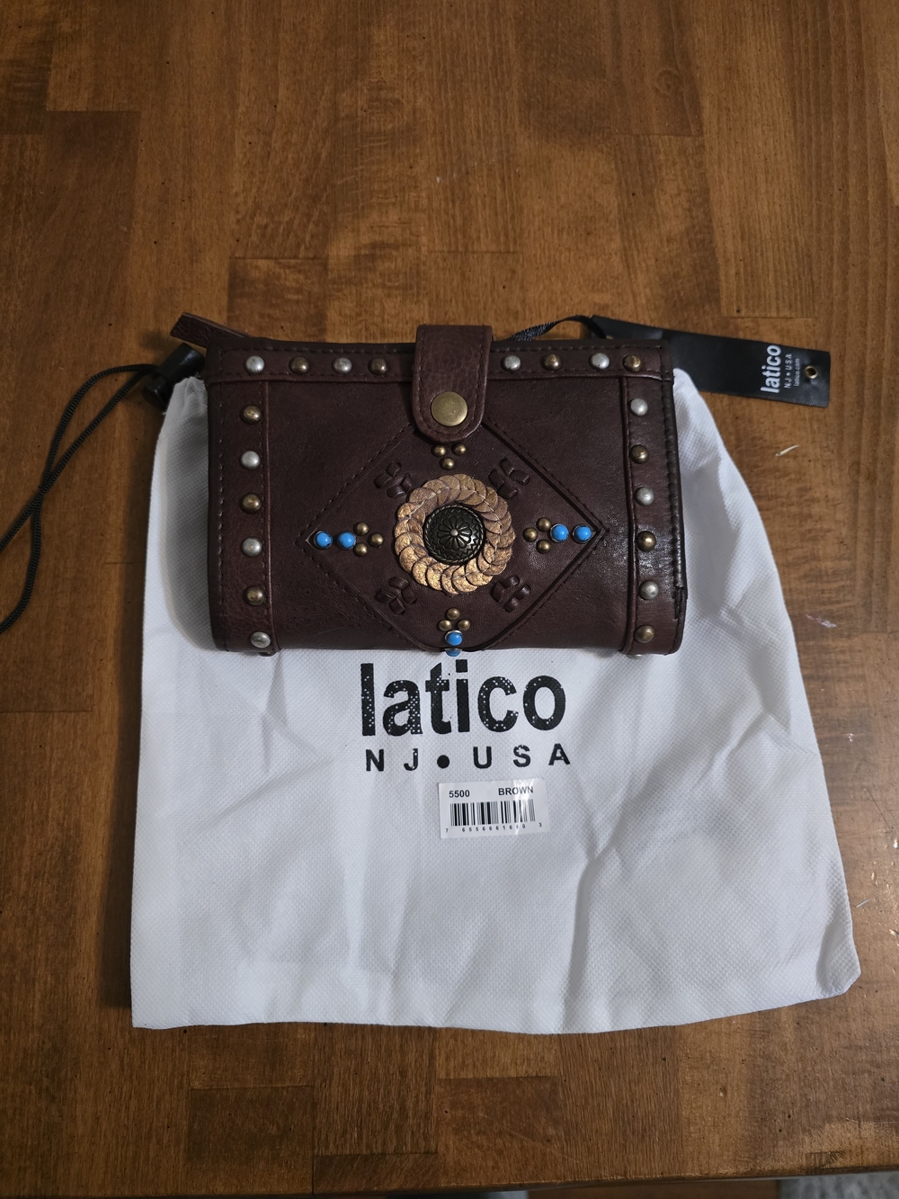 latico Brown Leather Studded Wallet with Turquoise Accents
